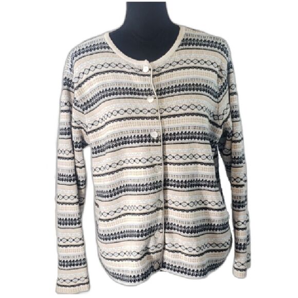 Talbots White Blue Fair Isle Print Button-Up Cardigan Sweater Size Large - Picture 1 of 7